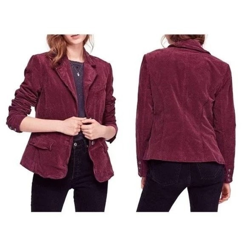 Free People Burgundy Byron Corduroy Blazer Jacket Crest Buttons Wine Small S